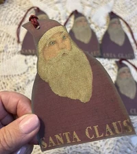 Primitive Santa Claus, Linen Cardstock  Hang Tags, Set Of Six (6)