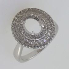 Sterling Silver Semi Mount Ring Setting Oval 9x7mm Triple Halo Baguette