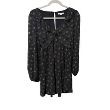 American Eagle Black Floral Ruffle Mini Dress XS Long Sleeve V-Neck Boho Flowy