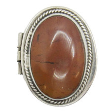 VINTAGE STERLING SILVER .925 OVAL RED JASPER STONE MEXICO TAXCO PILL TRINKET BOX