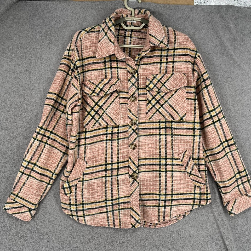 Worthier Jacket Womens Medium Large Shacket Shirt Pink Plaid Wool Button