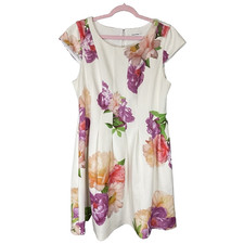 Calvin Klein Women's White Floral Cap Sleeve Pleated Pocket Scuba Flare Dress 14