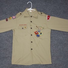Vintage Boy Scouts of America Shirt Youth L Tan Patches Pins Minuteman Council