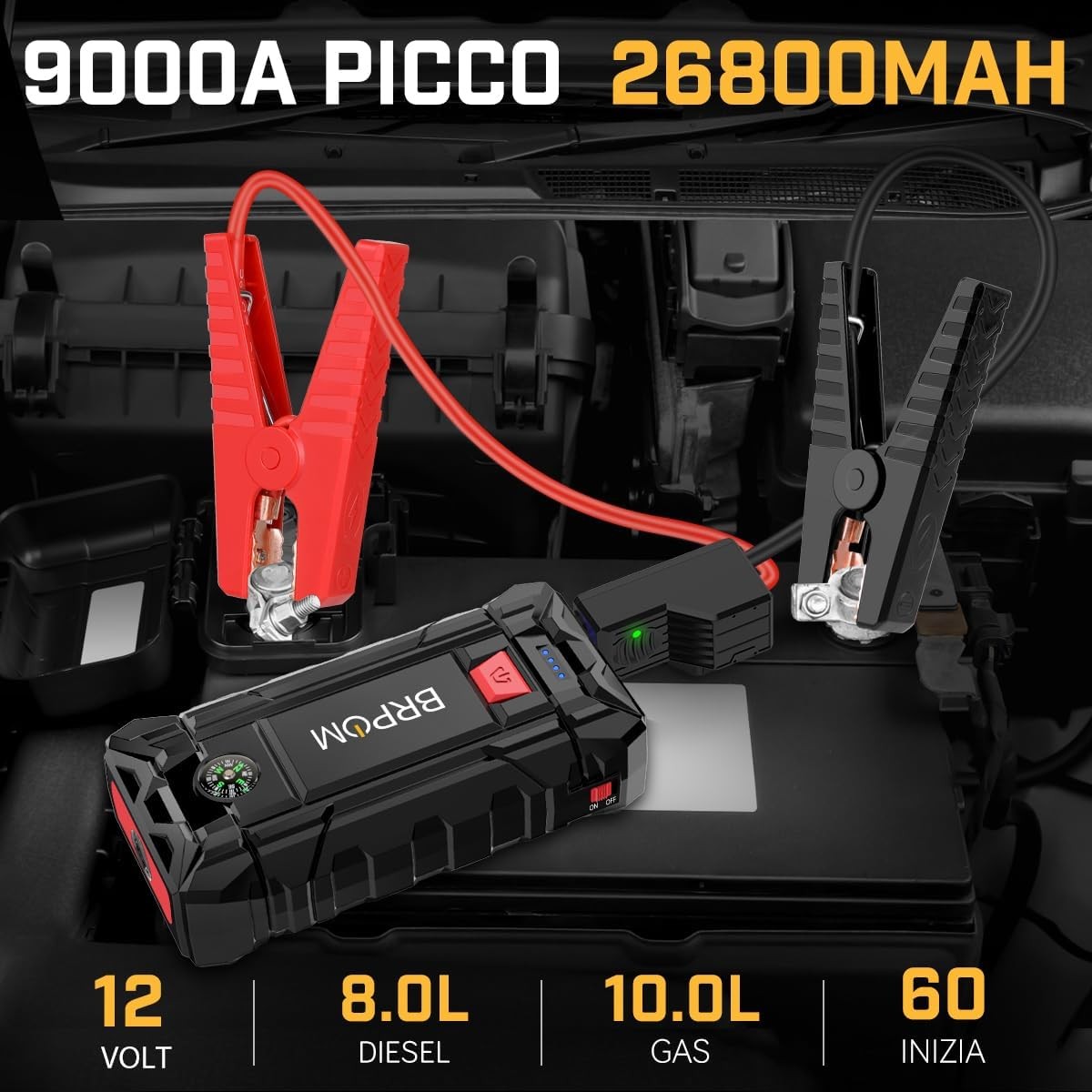 BRPOM Avviatore Batteria Auto 9000A, Booster Avviatore di Emergenza Portatile pe - Miniatura 3