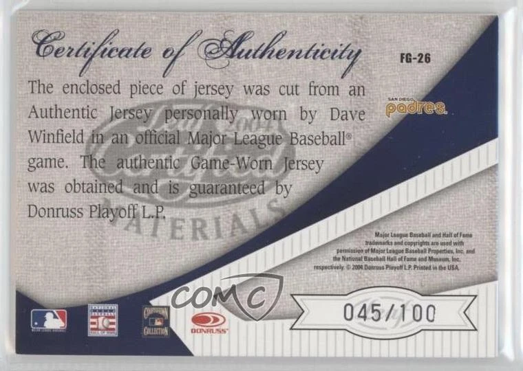 2004 Leaf Certified Materials Fabric of the Game AL/NL /100 Dave Winfield HOF - Image 2 of 2