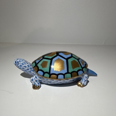 Herend Hungary Blue Porcelain Turtle Figurine with Gold Pattern Collectible