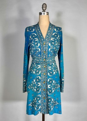 Vintage 1970's turquoise knit shirt dress w/arabesque pattern by MAURICE size XS
