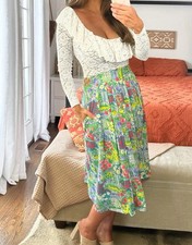 Vintage Green Garden Floral Circle Midi Skirt Pockets Size 8/10