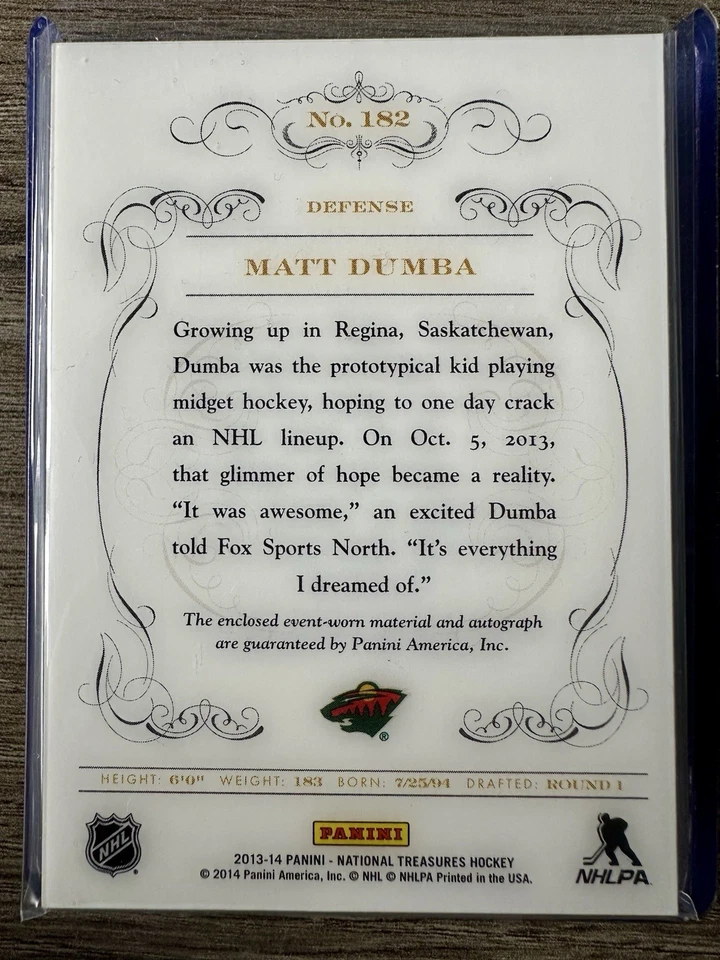 2013-14 Panini National Treasures Matt Dumba Rookie Button Auto 2/3 Emerald - Image 2 of 2