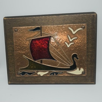 Vtg Mid Century Modern Enamel on Copper Viking Ship Plaque on Wood 6'' x 12'' OOAK
