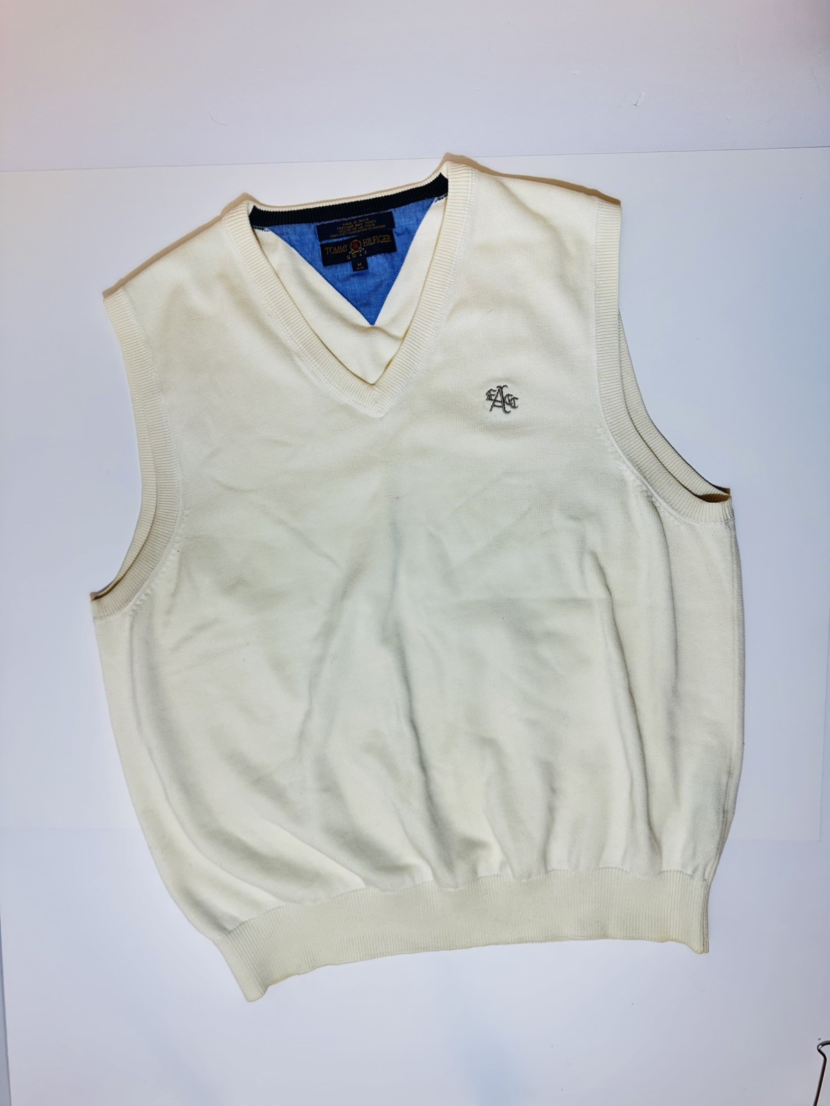 Tommy Hilfiger, 1990's Vintage Tommy Hilfiger Knit Sweater Vest Off White Crest Men’s Size M