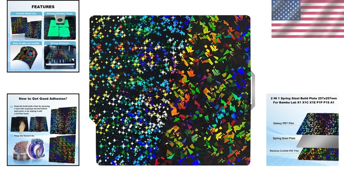 Flexible Galaxy PEY Rainbow Confetti Build Plate for Bambu 3D