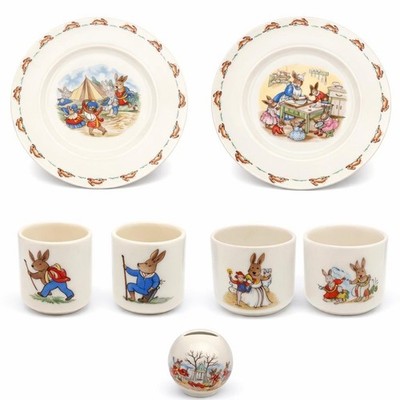 Royal Doulton Bunnykins 7 Pc Lot Plates Cups Mug Coin Bank Vintage