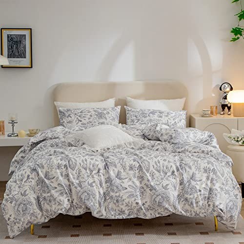 COTTON LIFE Floral Duvet Cover Set, 100% Soft Cotton, Queen Size, Zipper Closure