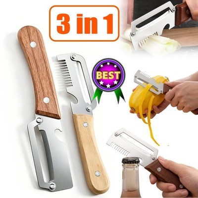 2 PCS 3-in-1 Multifunctional Vegetable Peeler with Wooden Handle,Julienne Slicer