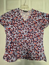 Cassandra O Scrub Top Size M-RED/White/BLUE Stars Mock Wrap-Chest 22"/L 27.5"