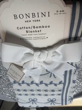 BONBINI New York Baby Blanket Cotton Bamboo Rayon Reversible Blue White Bows NWT