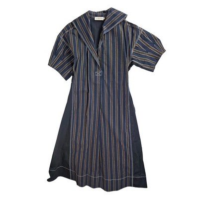 Tory Burch Nautical Sailor Dress Striped Midi V-Neck Navy Brown