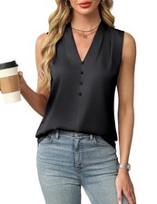 Ladies Silk Satin Sleeveless Shirts Top Button V Neck Blouse Tank Vest sIZE 6-20
