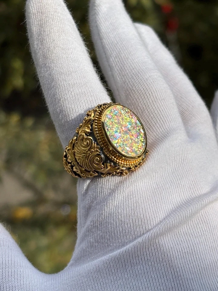 Opal 925 Sterling Silver Men’s Ring, Bronze Detail Vintage Signet Ring - Image 2 of 4