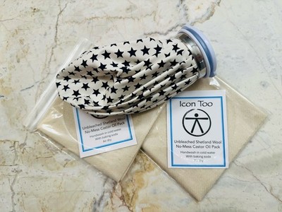 Icon Too! Cozy Stars Bag + Two No Mess Unbleached Shetland Wool Castor Oil packs
