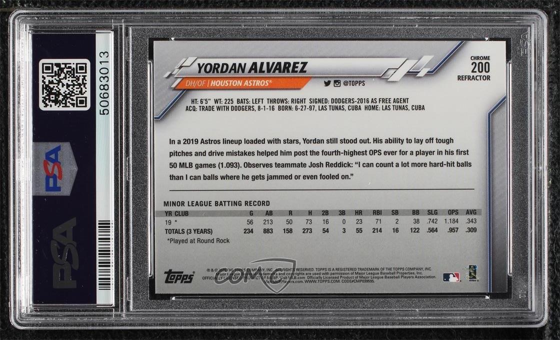 2020 Topps Chrome Refractor Yordan Alvarez #200 PSA 10 GEM MT Rookie RC view 2