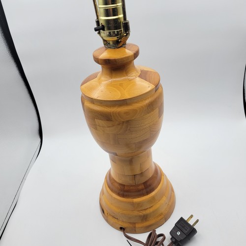 1970's Lamp Wood Turned Marquetry Block Mixed Woods Table Lamp OOAK Vintage - Picture 7 of 11