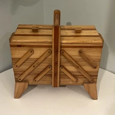 Vintage Wooden Sewing Box Accordion 3 Tier Fold Out Chest MCM Two Tone Wood