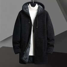 Fall Winter Men Fleece-lined Mid-length Zipper Hooded Sweater Cardigan