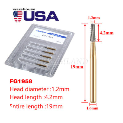 5Pcs Dental FG-1958 19mm High Speed Tungsten Carbide Crown Cutting Burs Gold