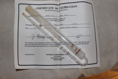 Technical Glass Products, vintage VISCOMETER w/certificate of calibr Size 12,161