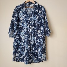 Talbots Leaves Floral Navy Blue Size M Beach Button Front Y Neck Roll Tab Dress