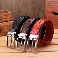 Top Cowhide Leather Crocodile Pattern Men's Dress Belt With Pin Buckle W 1.5"