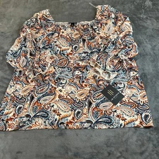 I.N. Studio Paisley Blouse Square Neck 3/4 Sleeve Top Boho Chic Womens 1X NWT
