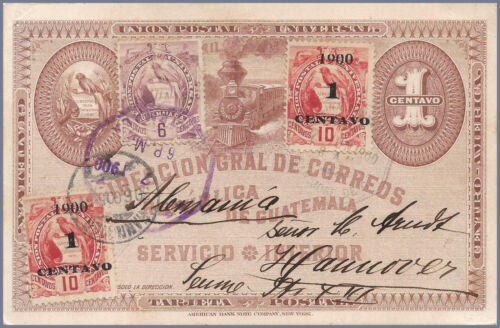 GUATEMALA 1c 1900 TRAIN POSTAL CARD 6c & 1c/10c (2) QUETZALS Uprated to GERMANY - Afbeelding 1 van 2