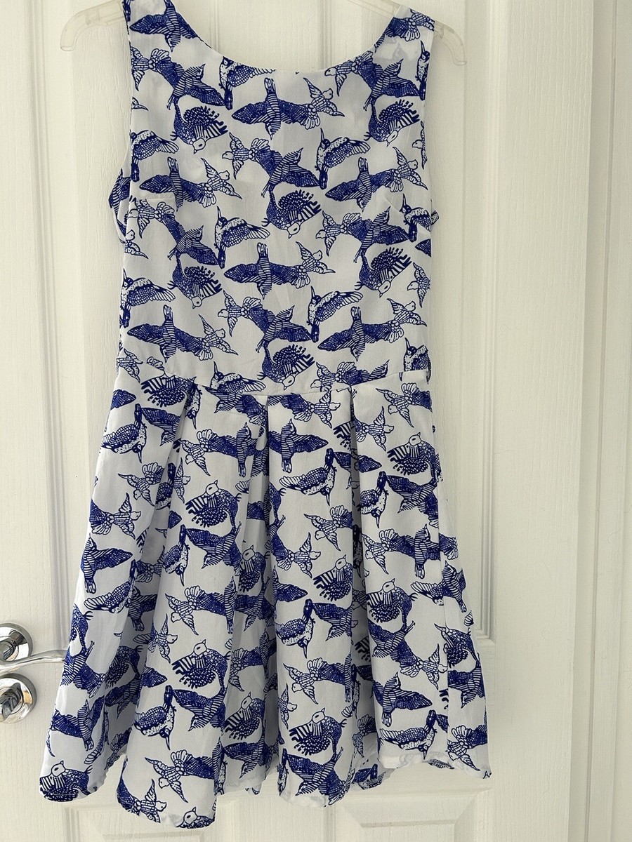 New Look Size Blue White Birds Floaty Light Skater Mini Dress - Main Image