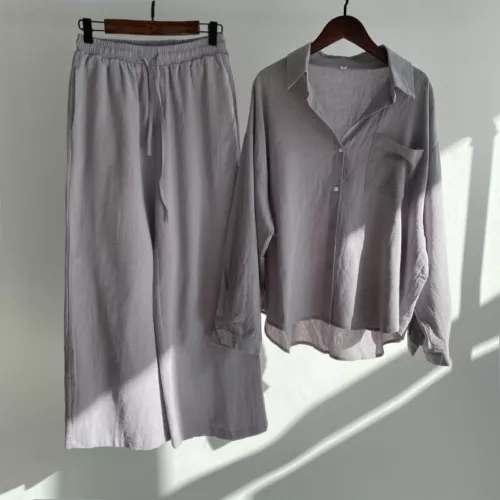 Women Lady Summer Solid Color Cotton Linen Suit Lapel Long Sleeve Top Leg Pants - Bild 22 von 42