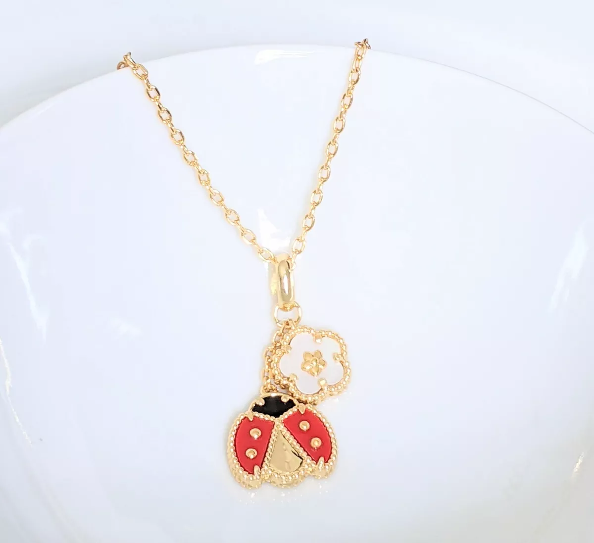 Lucky Spring Ladybug Flower Pendant Necklace. Red Carnelian
