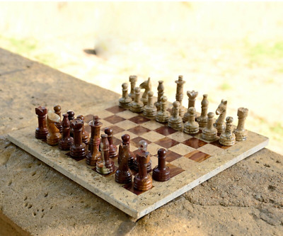 Marble Chess Set Handmade Coral & Multi Weighted Stone Chess Game Set 12x12 inch