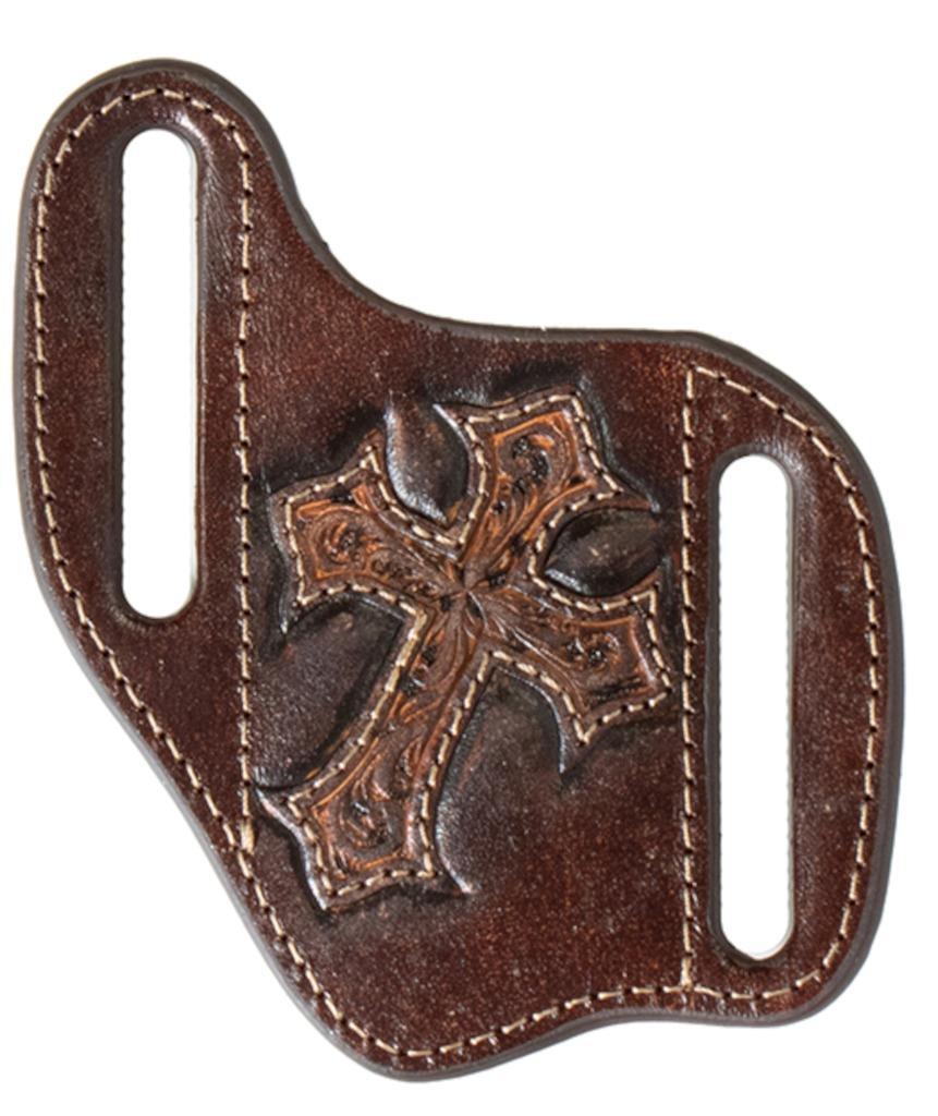 Nocona Knife Sheath Leather Floral Embossed Cross Inlay Brown