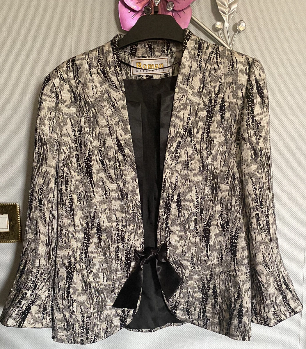 Roman Originals White Black Silver Shimmer Tie Front Jacket Size 12