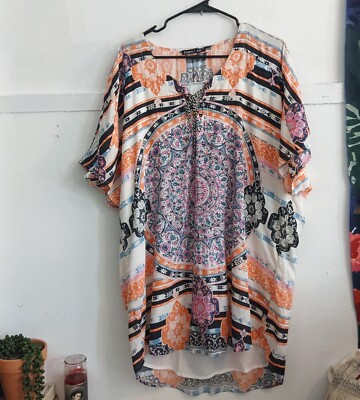 Gypsy05 Orange Colorful Mandala Boho Print V-neck Tunic Dress S