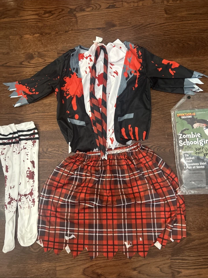 Zombie Schoolgirl Halloween Costume Kids Scary School Girl Dress Creepy 10-12 - Image 2 of 4