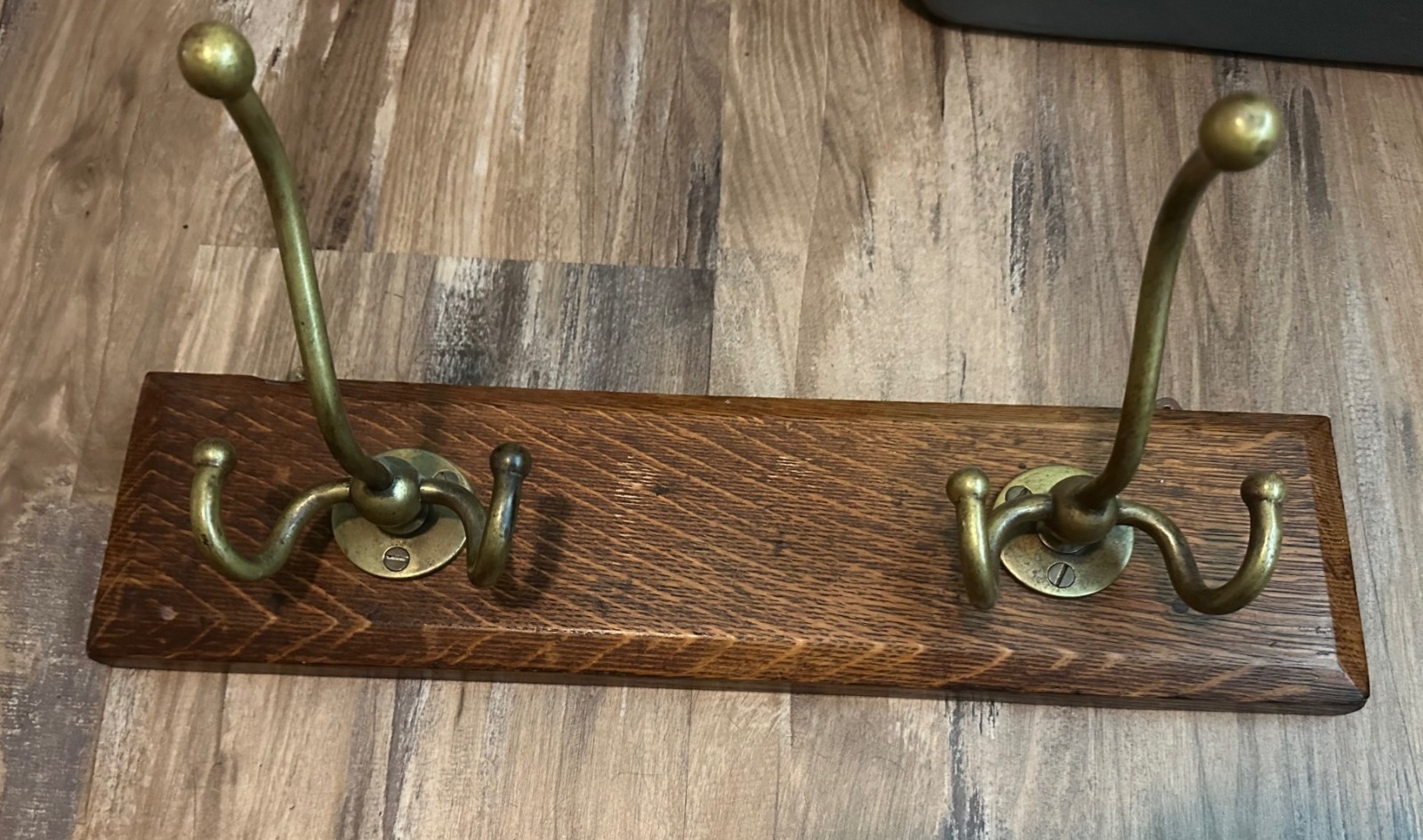 Antique Tiger Oak Wall Mount Coat Rack with Brass Hooks