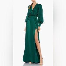 Ieena for Mac Duggal Split Sleeve Faux Wrap Gown Deep Emerald Size 10 49146 NWT