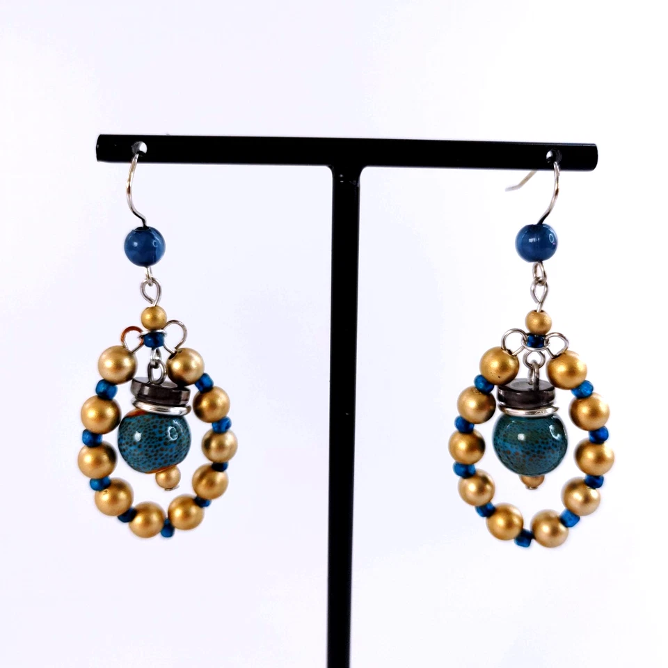 Pendientes colgantes de cuentas de oro bohemio turquesa cerámica gota anzuelo Foto 2 de 4