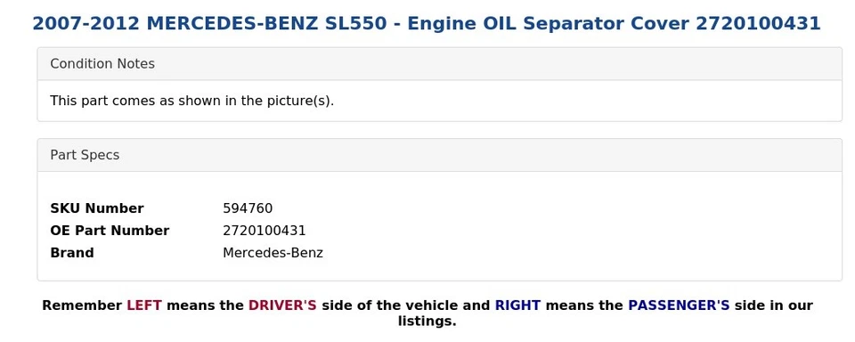 2007-2012 MERCEDES-BENZ SL550 - Engine OIL Separator Cover 2720100431 - Image 3 of 3