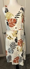 Monteau Linen Dress Large Tropical Leaves White Rust Vacation Cruise Resort