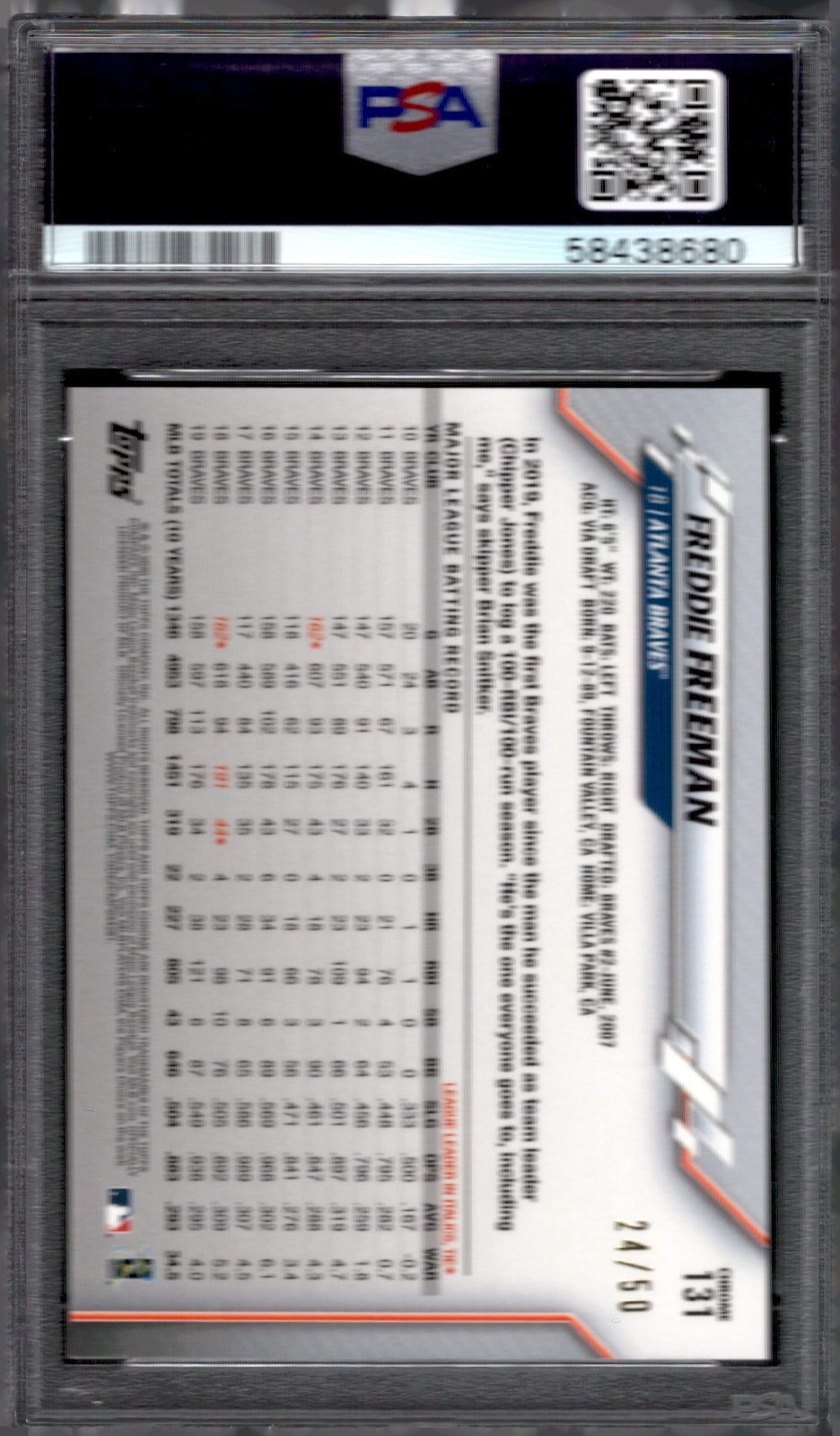 2020 Topps Chrome Freddie Freeman #131 RARE GOLD Refractor #/50 PSA 10 Gem Mint view 2