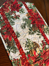 Handcrafted - Quilted Table Runner - Christmas Celebration, Poinsettias, NEW2025